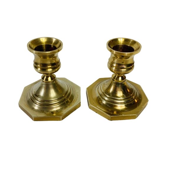 Solid Brass Short Candlestick Candle Holder Set of 2 Octagon Base VTG Party Home - Picture 4 of 12
